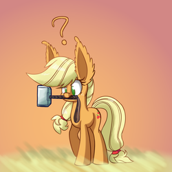 Size: 1000x1000 | Tagged: safe, artist:heir-of-rick, applejack, daily apple pony, g4, ear fluff, female, frown, hatless, impossibly large ears, missing accessory, mjölnir, mouth hold, question mark, raised eyebrow, solo, thor