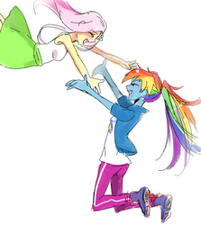 Size: 610x685 | Tagged: safe, artist:weiliy, fluttershy, rainbow dash, equestria girls, g4, blushing, clothes, eyes closed, female, friendshipping, humanized, jumping, lesbian, ponytail, ship:flutterdash, shipping, skirt, tank top