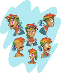Size: 1280x1632 | Tagged: safe, artist:duru, rainbow dash, human, g4, bust, clothes, crying, female, goggles, humanized, jacket, open mouth, ponytail, redesign, smiling