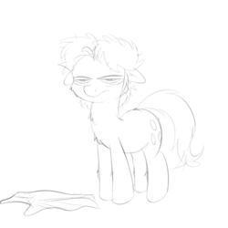 Size: 1000x1000 | Tagged: safe, artist:khorme, oc, oc only, oc:ultramare, earth pony, pony, floppy ears, fluffy, messy mane, monochrome, sketch, solo, towel, unamused