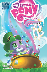 Size: 842x1280 | Tagged: safe, artist:amy mebberson, idw, official comic, princess celestia, spike, alicorn, dragon, pony, g4, my little pony: friends forever, bedroom eyes, clover, comic, cover, female, gem, irish, male, mare, pot of gold, shamrock