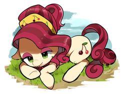 Size: 2000x1500 | Tagged: safe, artist:aoringo, cherry jubilee, earth pony, pony, g4, cherry, cute, female, floppy ears, food, lidded eyes, looking at you, mare, pixiv, solo