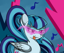 Size: 1200x1000 | Tagged: safe, artist:novaspark, sonata dusk, pegasus, pony, g4, :p, >:p, abstract background, blue background, equestria girls ponified, female, folded wings, music notes, pegasus sonata dusk, ponified, simple background, solo, sonata's pointy shades, sunglasses, tongue out, wings