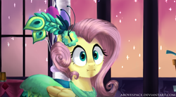 Size: 1440x796 | Tagged: safe, artist:abovespace, fluttershy, pony, g4, make new friends but keep discord, :i, clothes, dress, female, gala dress, scene interpretation, solo, we bought two cakes