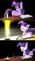 Size: 700x1200 | Tagged: safe, artist:gonein10seconds, twilight sparkle, pony, unicorn, g4, book, candle, comic, female, magic, simple background, solo, unicorn twilight