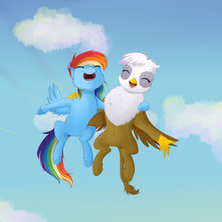 Size: 2000x2000 | Tagged: safe, artist:chiweee, gilda, rainbow dash, griffon, the lost treasure of griffonstone, chickub, cloud, cute, dashabetes, duo, eyes closed, filly, fluffy, flying, gildadorable, junior speedsters, open mouth, sky