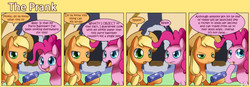 Size: 1400x489 | Tagged: safe, artist:solar-slash, applejack, pinkie pie, comic:the prank, g4, applejack is not amused, artifact, comic, fireworks, unamused