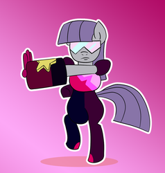 Size: 1148x1206 | Tagged: safe, artist:feralroku, maud pie, earth pony, pony, g4, bipedal, crossover, female, garnet (steven universe), gauntlet, mare, solo, steven universe, visor, weapon