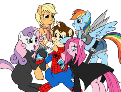 Size: 3293x2513 | Tagged: safe, artist:edcom02, artist:jmkplover, applejack, pinkie pie, rainbow dash, sweetie belle, spiders and magic: rise of spider-mane, g4, blind eye, catsuit, crossover, gauntlet, high res, katana, male, older, peter parker, ponified, simple background, spider-man, spiders and magic iii: days of friendship past, sword, transparent background, weapon
