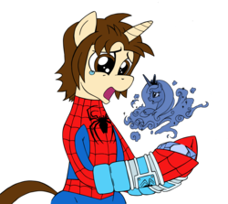 Size: 2823x2519 | Tagged: safe, artist:edcom02, artist:jmkplover, princess luna, spiders and magic: rise of spider-mane, g4, crossover, high res, male, peter parker, ponified, simple background, spider-man, spiderluna, spiders and magic iii: days of friendship past, spirit, transparent background