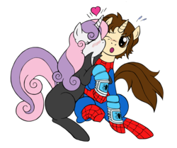 Size: 2930x2444 | Tagged: safe, artist:edcom02, artist:jmkplover, sweetie belle, g4, blushing, catsuit, crossover, crossover shipping, heart, high res, kissing, male, older, peter parker, ponified, simple background, spider-man, spiderbelle, spiders and magic iii: days of friendship past, spiders and magic: rise of spider-mane, transparent background