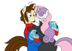Size: 3495x2488 | Tagged: safe, artist:edcom02, artist:jmkplover, sweetie belle, g4, blushing, catsuit, crossover, crossover shipping, high res, kissing, male, older, older sweetie belle, peter parker, ponified, simple background, spider-man, spiderbelle, spiders and magic iii: days of friendship past, spiders and magic: rise of spider-mane, transparent background