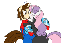 Size: 3495x2488 | Tagged: safe, artist:edcom02, artist:jmkplover, sweetie belle, spiders and magic: rise of spider-mane, g4, blushing, catsuit, crossover, crossover shipping, high res, kissing, male, older, older sweetie belle, peter parker, ponified, simple background, spider-man, spiderbelle, spiders and magic iii: days of friendship past, transparent background