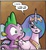 Size: 896x981 | Tagged: safe, artist:agnes garbowska, idw, official comic, princess celestia, spike, alicorn, dragon, pony, friends forever #3, g4, my little pony: friends forever, spoiler:comic, brown background, duo, ethereal mane, female, frown, hair over one eye, male, mare, open mouth, shocked, simple background, speech bubble, wide eyes