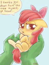 Size: 600x786 | Tagged: safe, artist:mcponyponypony, apple bloom, oc, oc:anon, earth pony, human, pony, g4, adorabloom, blatant lies, blushing, cute, floppy ears, frown, glare, hand, holding a pony, micro, nose wrinkle, open mouth, puffy cheeks, solo focus, speech bubble, tsundere