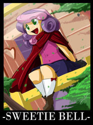 Size: 1466x1966 | Tagged: safe, artist:shonuff44, sweetie belle, human, g4, cloak, clothes, cute, female, humanized, open mouth, sitting, skirt, smiling, solo, treehouse