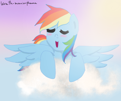 Size: 519x431 | Tagged: safe, artist:wrath-marionphauna, rainbow dash, g4, blushing, cloud, cloudy, eyes closed, female, happy, open mouth, sky, smiling, solo, sun, sunlight