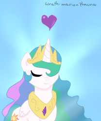 Size: 350x420 | Tagged: safe, artist:wrath-marionphauna, princess celestia, alicorn, pony, g4, crown, digital art, eyes closed, female, heart, jewelry, pretty, regalia, solo