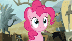 Size: 900x506 | Tagged: safe, screencap, madame leflour, pinkie pie, sir lintsalot, g4, party of one, the lost treasure of griffonstone, animated, contemplating insanity, derp, female, pinkamena diane pie