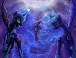 Size: 1024x788 | Tagged: safe, artist:dangerblaze, nightmare moon, princess luna, g4, duality, flying, moon