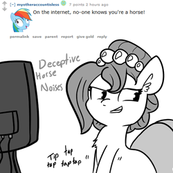 Size: 726x726 | Tagged: safe, artist:tjpones, rainbow dash, oc, oc:brownie bun, horse wife, g4, computer, descriptive noise, horse noises, meme, monochrome, not what it looks like, on the internet nobody knows you're a dog, onomatopoeia, reddit, tapping, typing