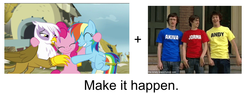 Size: 1200x450 | Tagged: safe, gilda, pinkie pie, rainbow dash, griffon, g4, my little pony: friendship is magic, the lost treasure of griffonstone, awesometown, exploitable meme, make it happen, meme, ot3, the lonely island