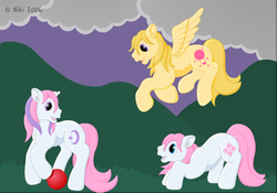 Size: 758x531 | Tagged: safe, artist:kohala8, baby lofty, baby moondancer, baby sundance, earth pony, pegasus, pony, unicorn, g1, 2006, baby, baby dancerbetes, baby loftybetes, baby pony, baby sundawwnce, ball, cloud, cloudy, cute, female, filly, flying, red ball, story in the source, trio