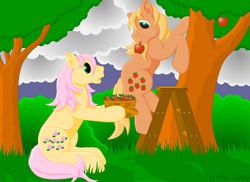 Size: 800x581 | Tagged: safe, artist:kohala8, applejack (g1), posey, earth pony, pony, g1, apple, apple tree, bush, cloud, cloudy, grass, ladder, looking at each other, picking, sitting, story in the source, tree