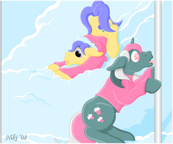 Size: 728x608 | Tagged: safe, artist:kohala8, bubbles (g1), fizzy, earth pony, pony, unicorn, g1, 2008, clothes, day, floppy ears, pole, silly, silly pony, snow, tongue out, tongue stuck, tongue stuck to pole, winter