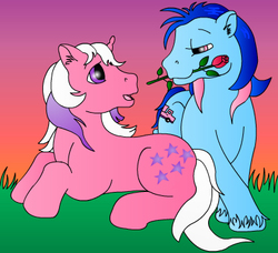 Size: 386x352 | Tagged: safe, artist:kohala8, 4-speed, twilight, earth pony, pony, unicorn, g1, 4-light, bedroom eyes, eye contact, female, flower, flower in mouth, grass, looking at each other, lying down, male, mouth hold, rose, shipping, straight
