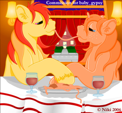 Size: 625x581 | Tagged: safe, artist:kohala8, gypsy (g1), sunburst (g1), earth pony, pony, unicorn, g1, 2006, alcohol, commission, commissioner:baby gypsy, date, duo, eye contact, food, freckles, glass, gypsyburst, lady and the tramp, looking at each other, pasta, shipping, spaghetti, spaghetti scene, table, wine, wine glass