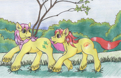 Size: 1389x892 | Tagged: safe, artist:kohala8, sunburst (g1), tex, earth pony, pony, g1, 2007, art trade, big brother ponies, bush, day, duo, duo male, looking at each other, male, nature, traditional art, tree