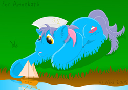 Size: 822x579 | Tagged: safe, artist:kohala8, salty (g1), earth pony, pony, g1, 2005, art trade, big brother ponies, day, grass, hat, looking down, lying, male, solo, toy boat, water