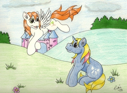 Size: 2973x2197 | Tagged: safe, artist:kohala8, paradise, ribbon (g1), pegasus, pony, unicorn, g1, 2008, cloud, day, dream castle, flower, flying, grass, high res, hill, looking at each other, sitting, traditional art