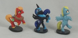 Size: 1489x721 | Tagged: safe, artist:gryphyn-bloodheart, big macintosh, derpy hooves, nightmare moon, alicorn, earth pony, pegasus, pony, g4, antagonist, chupa chups, customized toy, irl, photo, toy