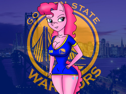 Size: 1365x1020 | Tagged: safe, artist:odiz, pinkie pie, earth pony, anthro, g4, basketball, breasts, busty pinkie pie, cleavage, clothes, dress, female, golden state warriors, nba, nba finals, solo