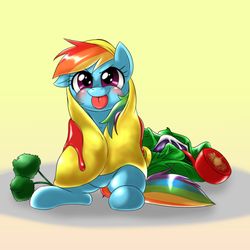 Size: 1000x1000 | Tagged: dead source, safe, artist:ushiro no kukan, rainbow dash, g4, :p, blushing, broccoli, cute, dashabetes, female, food, lettuce, omelette, ponies in food, solo, tomato, tongue out, ushiro is trying to murder us