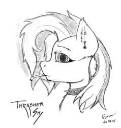 Size: 1764x1852 | Tagged: safe, artist:crimson, fluttershy, g4, black and white, cigarette, ear piercing, earring, female, grayscale, monochrome, piercing, simple background, smoking, solo, traditional art