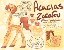 Size: 2249x1749 | Tagged: safe, artist:anamcpancake, oc, oc only, oc:acacias zarafu, giraffe, bifurcated hooves, blushing, brown eyes, concave belly, long legs, long neck, ossicones, reference sheet, scar, smiling, tail wrap, tongue out