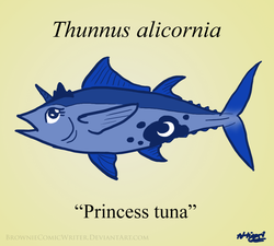 Size: 900x810 | Tagged: safe, artist:greenlinzerd, princess luna, fish, g4, female, fishified, maybe salmon, name pun, not salmon, princess tuna, pun, simple background, solo, species swap, tuna, wat, wtf, yellow background