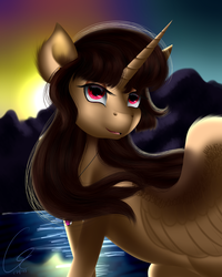 Size: 2880x3600 | Tagged: safe, artist:crazyaniknowit, oc, oc only, oc:spring beauty, alicorn, pony, alicorn oc, high res, looking at you, mountain, mountain range, solo, sunset, water