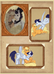 Size: 801x1100 | Tagged: safe, artist:saint-juniper, applejack, soarin', earth pony, pegasus, pony, fanfic:myths and birthrights, g4, belly, duo, female, male, mare, photo album, pregnant, ship:soarinjack, shipping, stallion, straight