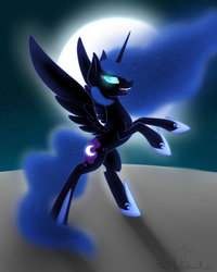 Size: 1024x1280 | Tagged: safe, artist:thebluedreammaker, nightmare moon, g4, female, grin, moon, rearing, solo, spread wings