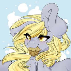 Size: 1000x1000 | Tagged: safe, artist:blowfishartist, derpy hooves, pegasus, pony, g4, abstract background, big ears, blushing, bust, ear fluff, female, floppy ears, mare, mouth hold, muffin, solo, spread wings, wings