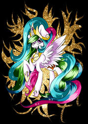 Size: 2439x3413 | Tagged: safe, artist:reiga92, princess celestia, g4, female, high res, raised hoof, solo, spread wings, wink