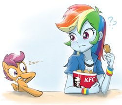 Size: 865x746 | Tagged: safe, artist:ta-na, rainbow dash, scootaloo, pegasus, pony, equestria girls, g4, bucket, bucket of chicken, cannibalism joke, chicken wings, disgusted, eating, female, filly, food, frightened, implied cannibalism, kfc, meat, scared, scootachicken, shocked