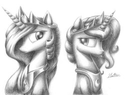 Size: 1024x779 | Tagged: safe, artist:lollipony, princess celestia, princess luna, g4, grayscale, monochrome, tongue out, traditional art