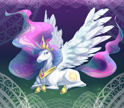 Size: 1024x898 | Tagged: safe, artist:lerapikalovalp, princess celestia, g4, female, prone, solo, spread wings