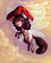 Size: 800x1000 | Tagged: safe, artist:temary03, oc, oc only, breezie, female, flying, hat, mushroom hat, sky, solo