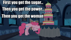 Size: 959x541 | Tagged: safe, edit, edited screencap, screencap, pinkie pie, earth pony, pony, g4, caption, female, image macro, male, meme, reference, scarface, solo, text, the simpsons